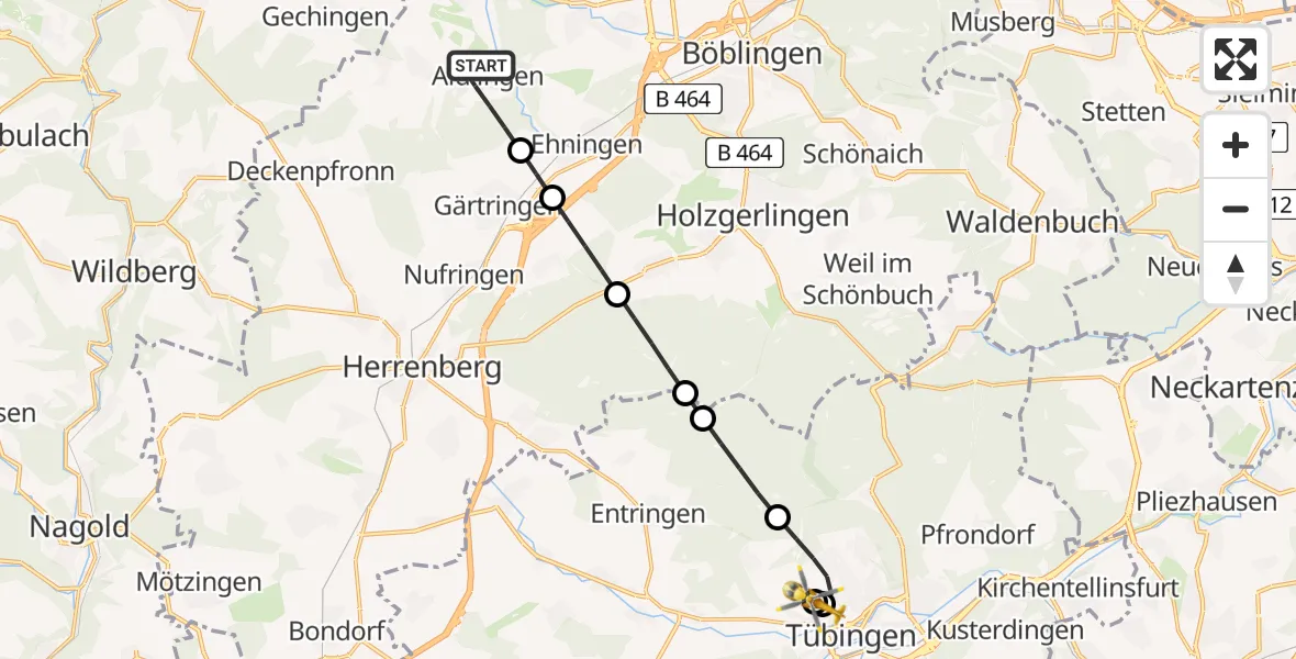 Flugroute Ambulanzhubschrauber Aidlingen - Tübingen University Hospital, 09 Juni 2026, 20:21