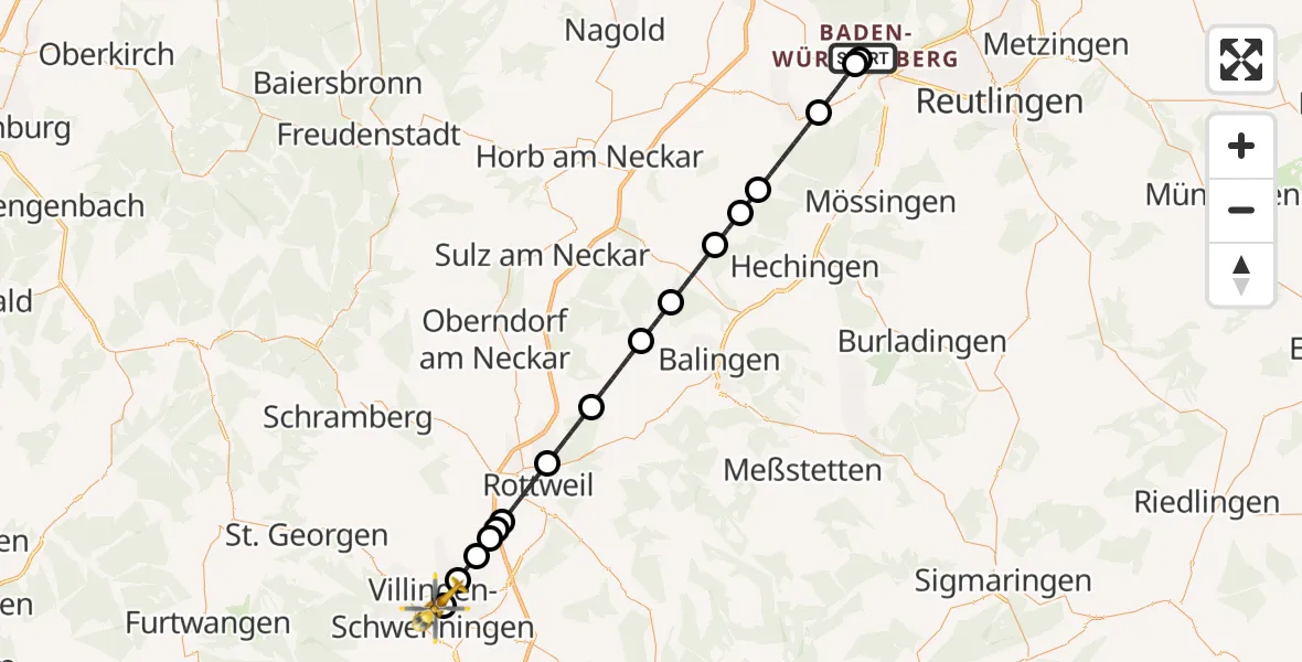 Flugroute Ambulanzhubschrauber Tübingen University Hospital - DRF Air Rescue Station Villingen-Schwenningen Hubschrauberlandeplatz (Christoph 11), 09 Juni 2026, 21:04
