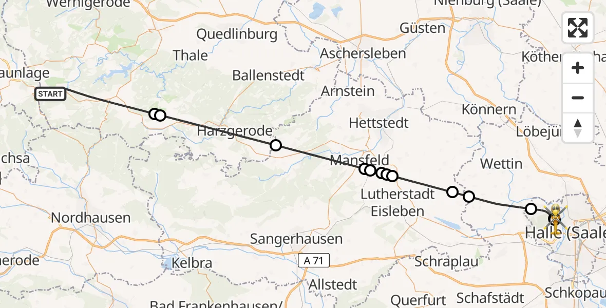Flugroute Rettungshubschrauber Oberharz am Brocken - Halle (Saale) University Hospital, 09 Juni 2026, 21:20