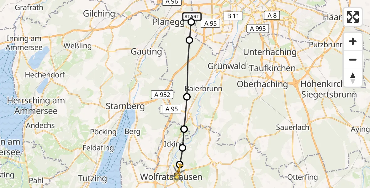 Flugroute Rettungshubschrauber DRF Air Rescue München Hubschrauberlandeplatz - Wolfratshausen, 09 Juni 2026, 21:36