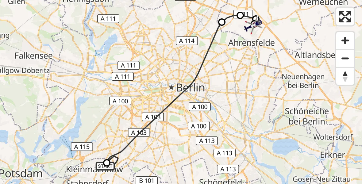 Flugroute Polizeihubschrauber Kleinmachnow - Ahrensfelde Hubschrauberlandeplatz, 09 Juni 2026, 21:40