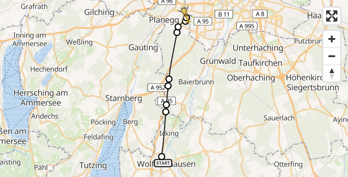 Flugroute Rettungshubschrauber Wolfratshausen - DRF Air Rescue München Hubschrauberlandeplatz, 09 Juni 2026, 22:10