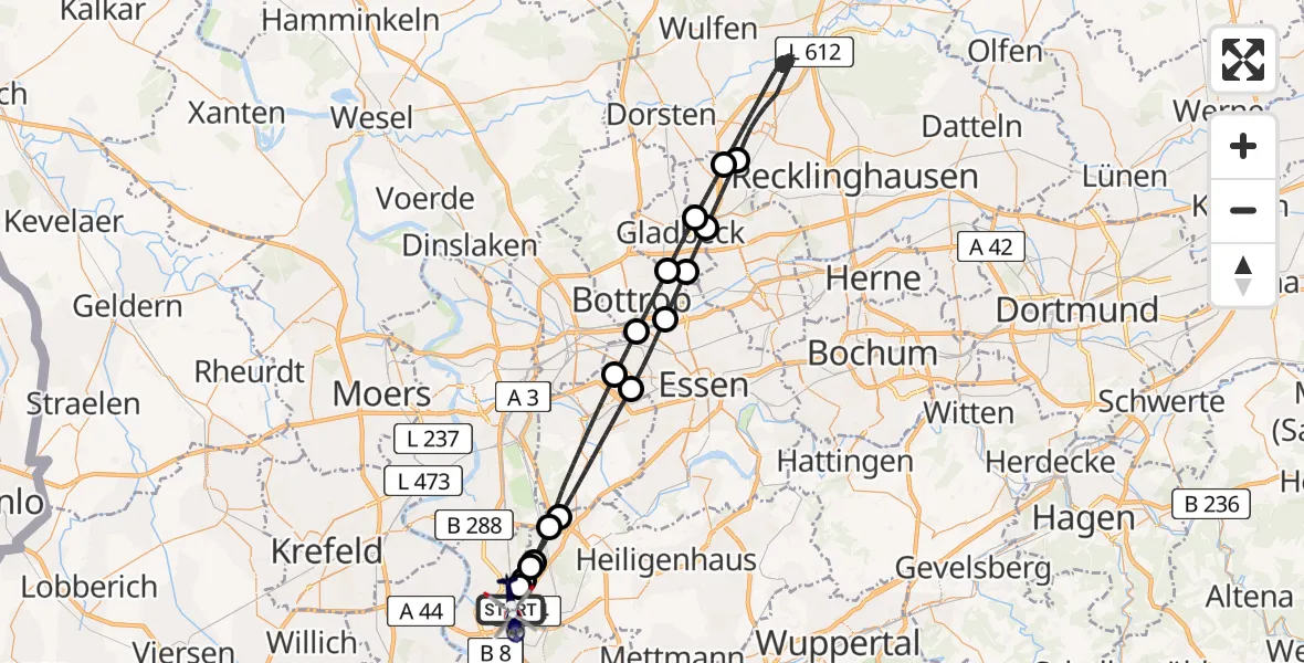 Flugroute Polizeihubschrauber Düsseldorf Flughafen - Düsseldorf Flughafen, 09 Juni 2026, 22:14
