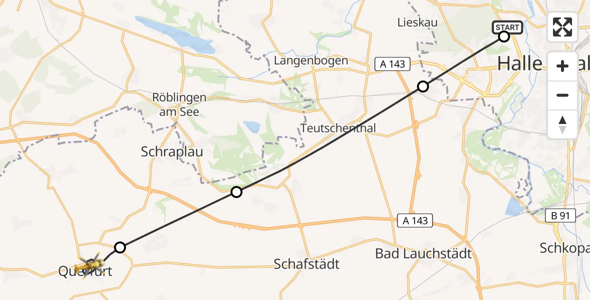 Flugroute Rettungshubschrauber Halle (Saale) University Hospital - Querfurt, 09 Juni 2026, 22:17