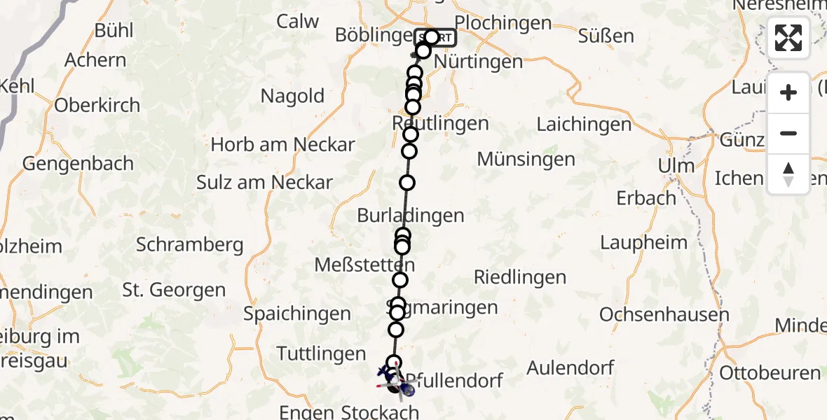 Flugroute Polizeihubschrauber Flughafen Stuttgart - Mühlingen, 09 Juni 2026, 22:26