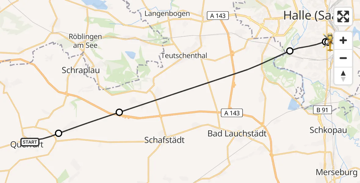 Flugroute Rettungshubschrauber Querfurt - BG Hospital Bergmannstrost Halle, 09 Juni 2026, 22:51