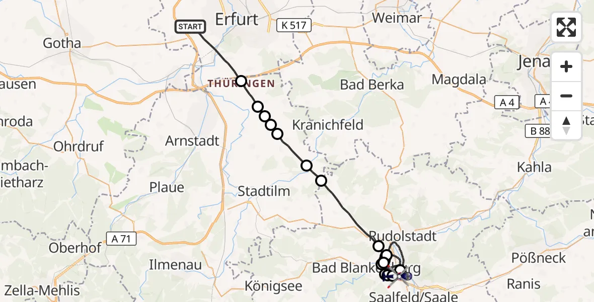 Flugroute Polizeihubschrauber Erfurt - Saalfeld/Saale, 09 Juni 2026, 22:52