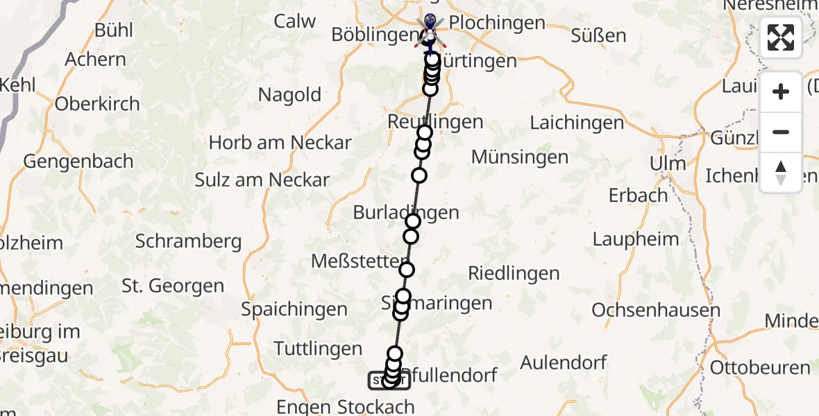 Flugroute Polizeihubschrauber Mühlingen - Flughafen Stuttgart, 09 Juni 2026, 23:24