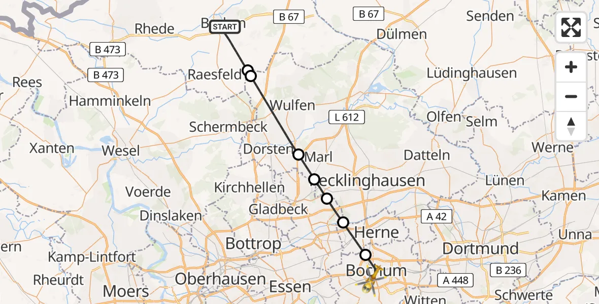 Flugroute Ambulanzhubschrauber Borken - Bochum, 09 Juni 2026, 23:28
