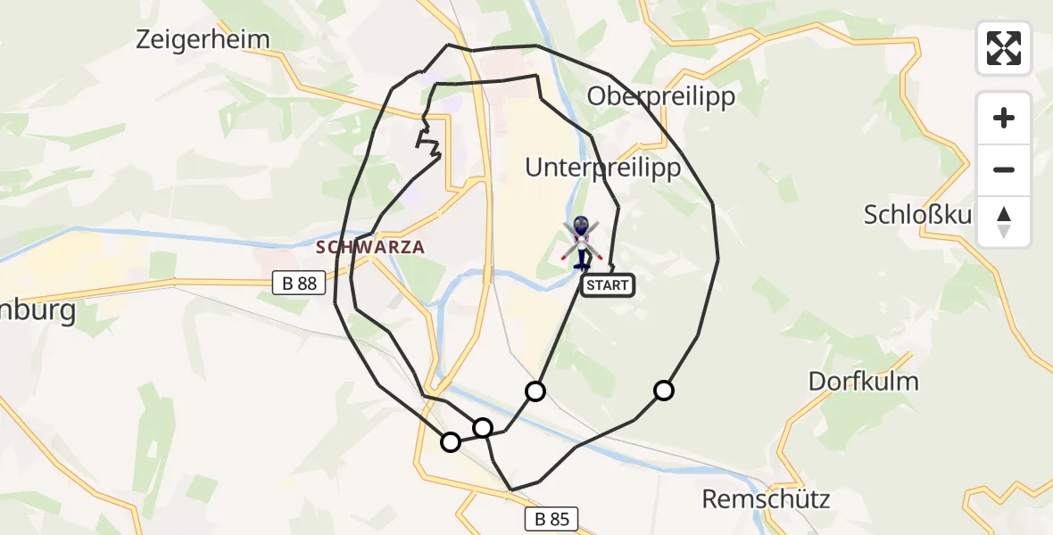 Flugroute Polizeihubschrauber Rudolstadt - Rudolstadt, 09 Juni 2026, 23:29
