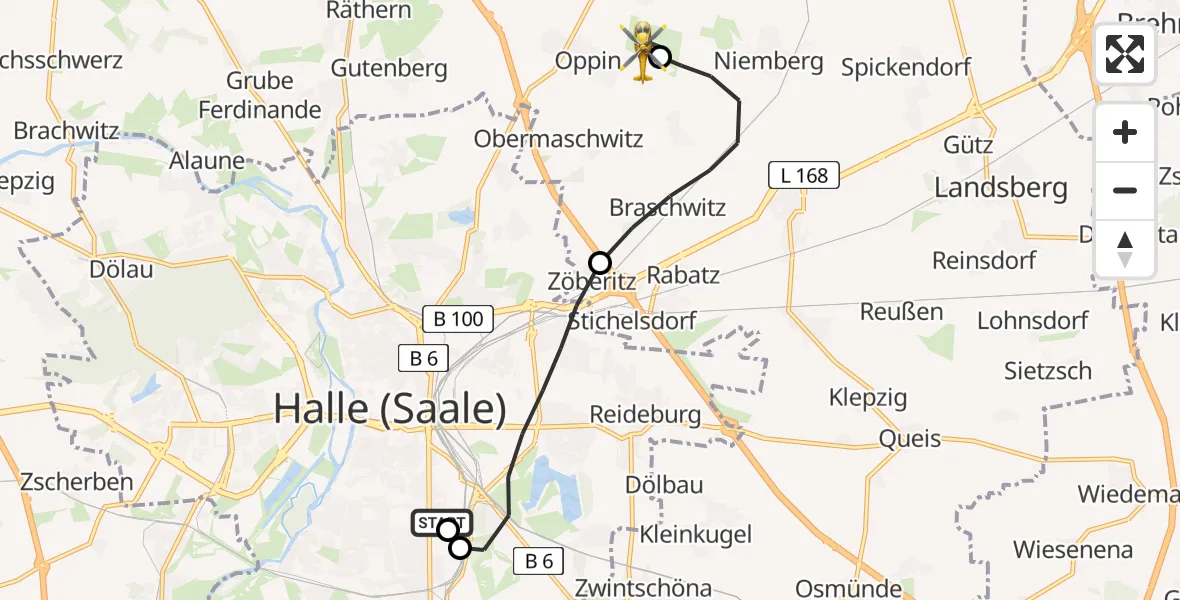 Flugroute Rettungshubschrauber BG Hospital Bergmannstrost Halle - Halle-Oppin Flugplatz, 09 Juni 2026, 23:48