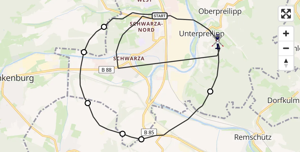 Flugroute Polizeihubschrauber Rudolstadt - Rudolstadt, 09 Juni 2026, 23:52