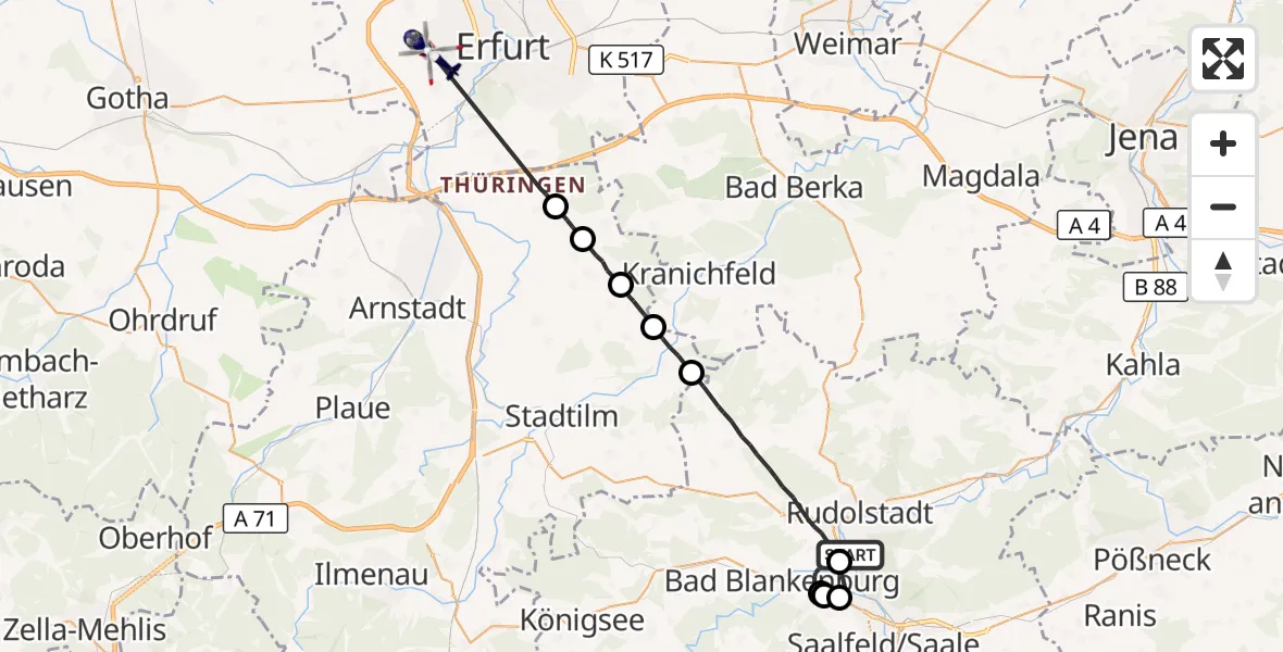 Flugroute Polizeihubschrauber Rudolstadt - Erfurt-Weimar Flughafen, 10 Juni 2026, 00:11