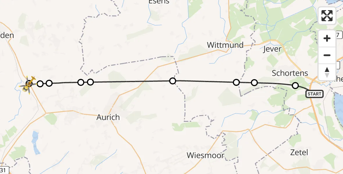 Flugroute Rettungshubschrauber Sande - Marienhafe, 10 Juni 2026, 02:00
