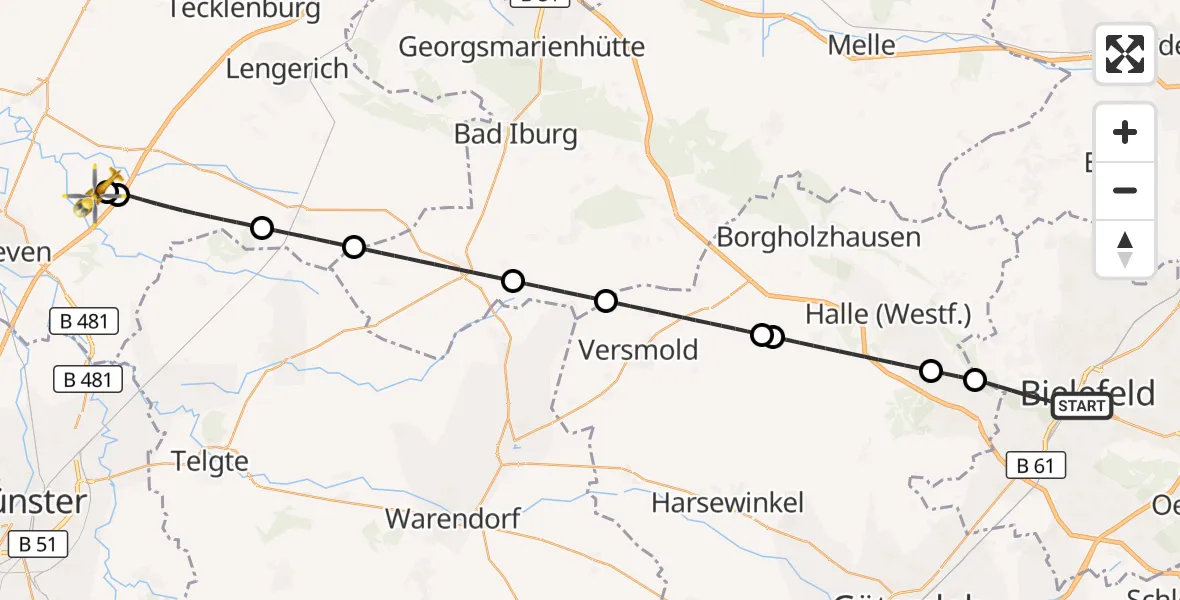 Flugroute Ambulanzhubschrauber Bielefeld - Christoph  Westfalen-ADAC, 10 Juni 2026, 02:42