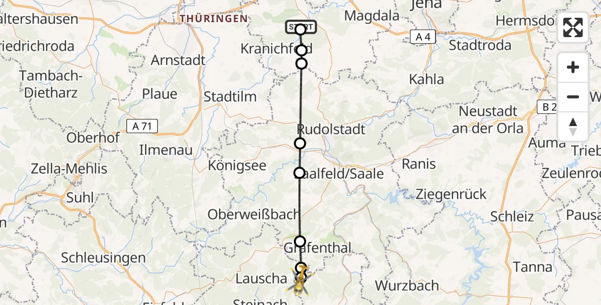 Flugroute Ambulanzhubschrauber Bad Berka Central Hospital - Tettau, 10 Juni 2026, 04:20