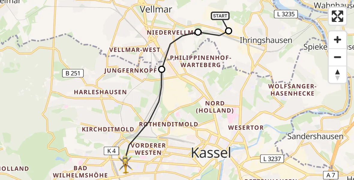 Flugroute Rettungshubschrauber Fuldatal Bundespolizei Hubschrauberlandeplatz - Kassel, 10 Juni 2026, 05:00