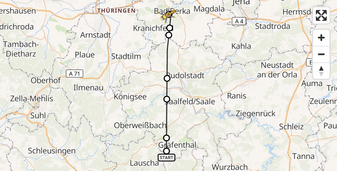 Flugroute Ambulanzhubschrauber Sonneberg - Bad Berka Central Hospital, 10 Juni 2026, 05:00