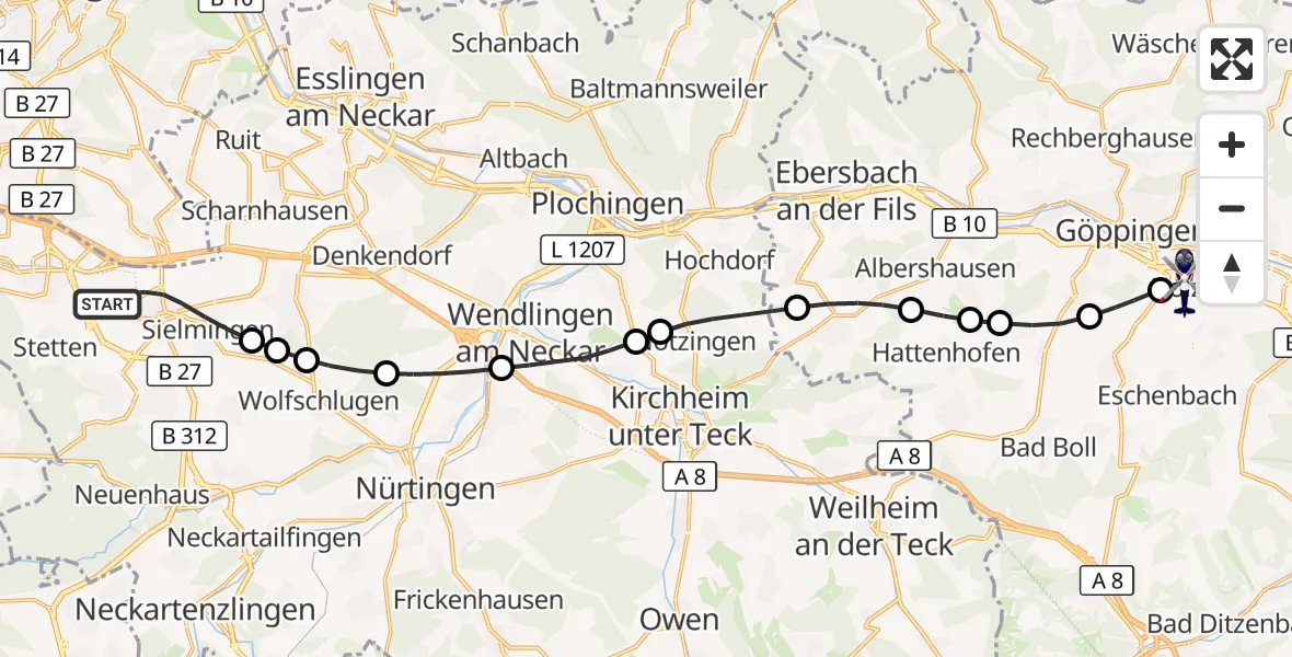 Flugroute Polizeihubschrauber Flughafen Stuttgart - Göppingen, 10 Juni 2026, 05:03