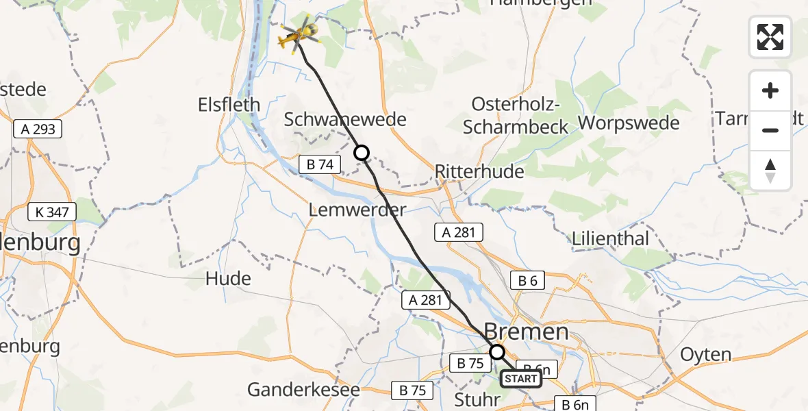 Flugroute Rettungshubschrauber Flughafen Bremen - Schwanewede, 10 Juni 2026, 05:08
