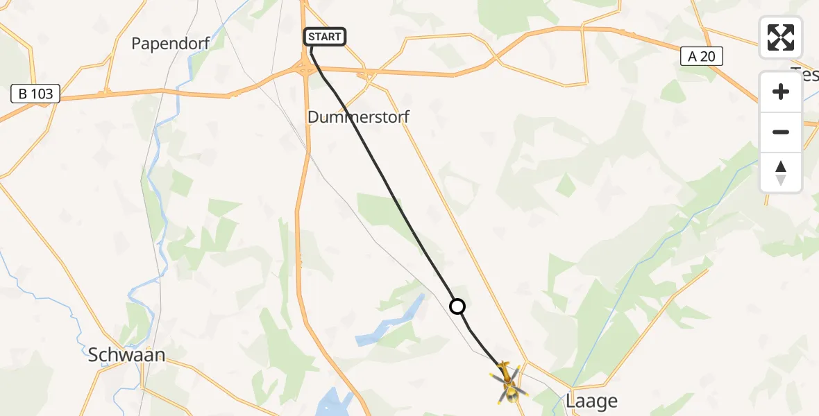 Flugroute Ambulanzhubschrauber Dummerstorf - Laage, 10 Juni 2026, 05:09