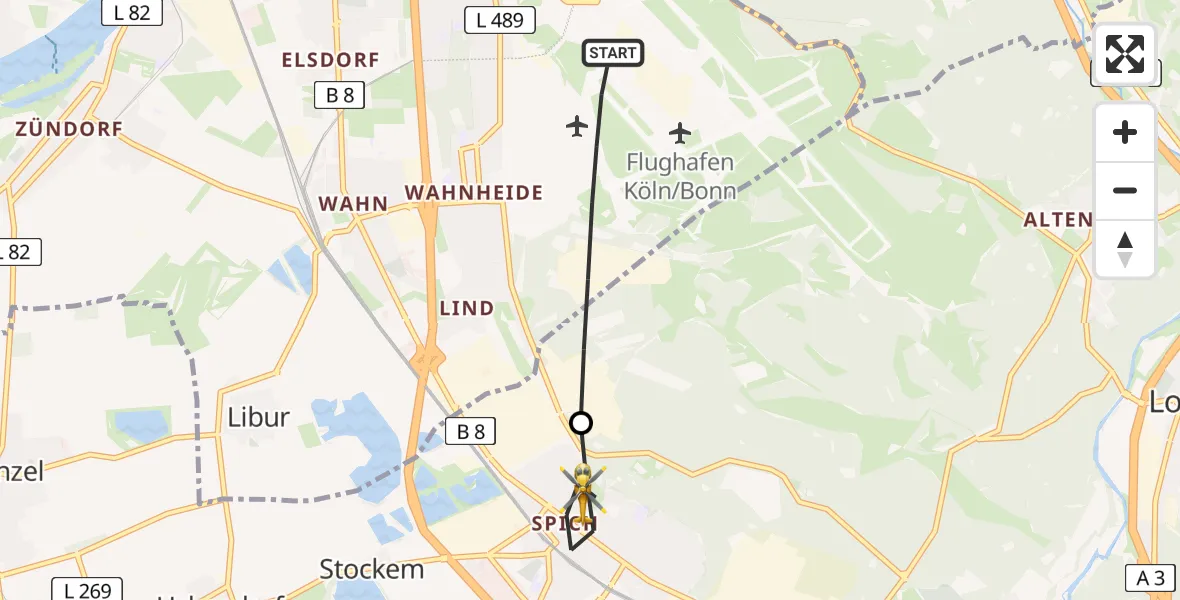 Flugroute Rettungshubschrauber Köln Bonn Flughafen - Troisdorf, 10 Juni 2026, 05:11