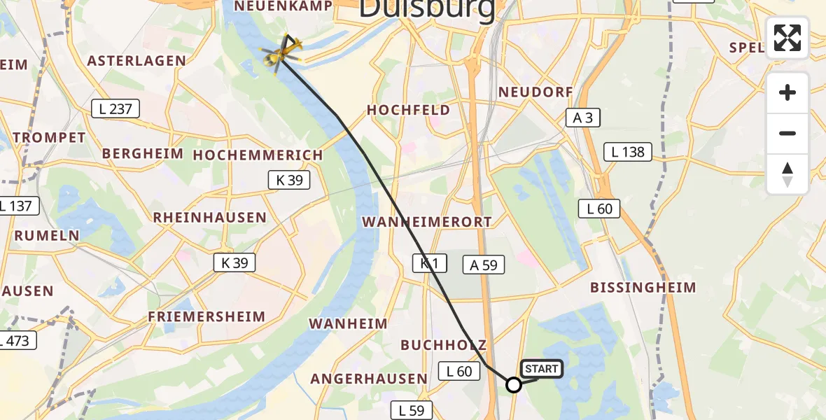 Flugroute Rettungshubschrauber Duisburg Air Rescue Hubschrauberlandeplatz (Christoph 9) - Duisburg, 10 Juni 2026, 05:13