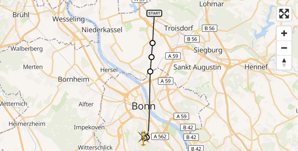 Flugroute Rettungshubschrauber Troisdorf - Bonn University Hospital, 10 Juni 2026, 05:45