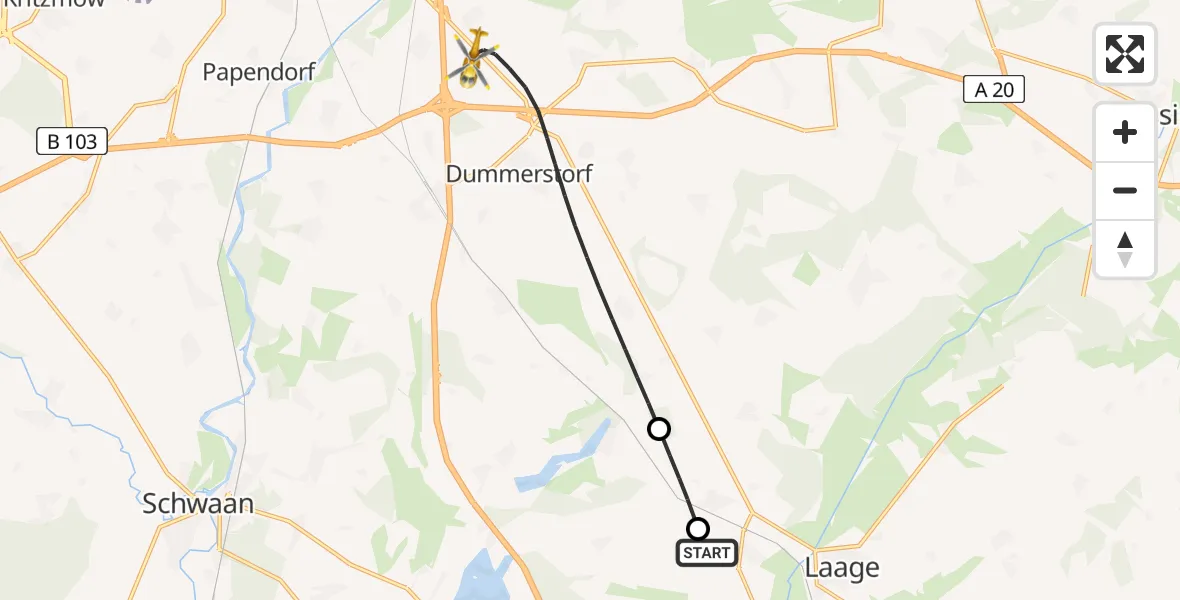 Flugroute Ambulanzhubschrauber Laage - Dummerstorf, 10 Juni 2026, 05:45