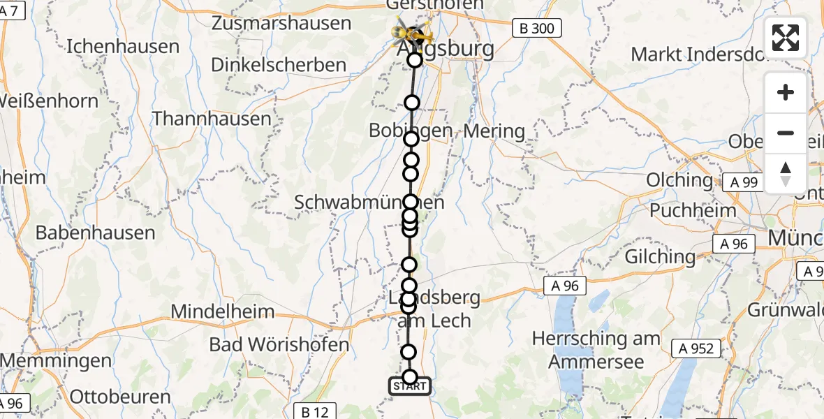 Flugroute Rettungshubschrauber Fuchstal - Augsburg University Hospital, 10 Juni 2026, 05:47