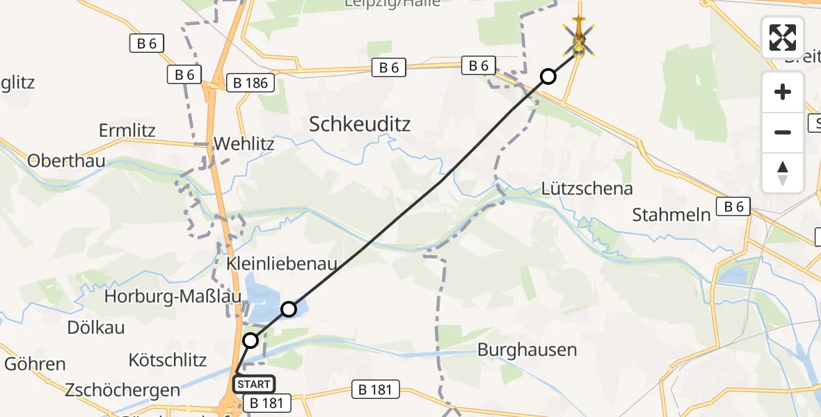 Flugroute Rettungshubschrauber ADAC Air Rescue Station Leipzig/Schkeuditz-Dölzig Hubschrauberlandeplatz (Christoph 61) - Leipzig, 10 Juni 2026, 05:52