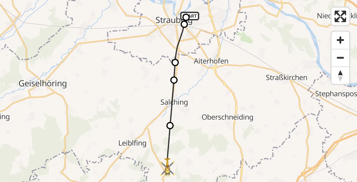 Flugroute Rettungshubschrauber Sankt Elisabeth Hospital Straubing - Leiblfing, 10 Juni 2026, 06:05