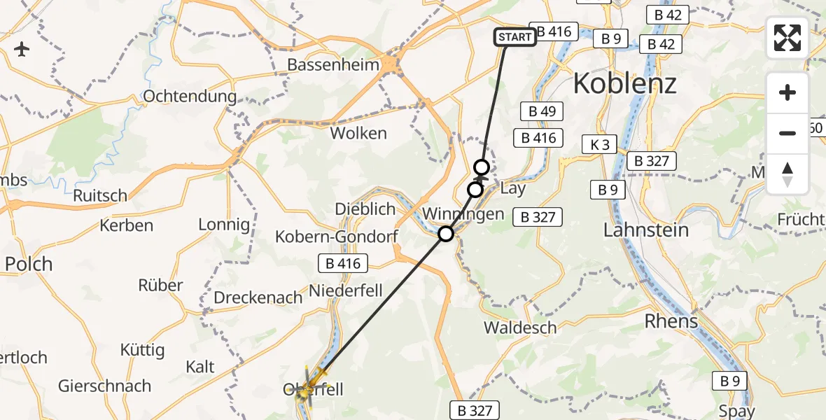 Flugroute Rettungshubschrauber Koblenz - Lehmen, 10 Juni 2026, 06:18