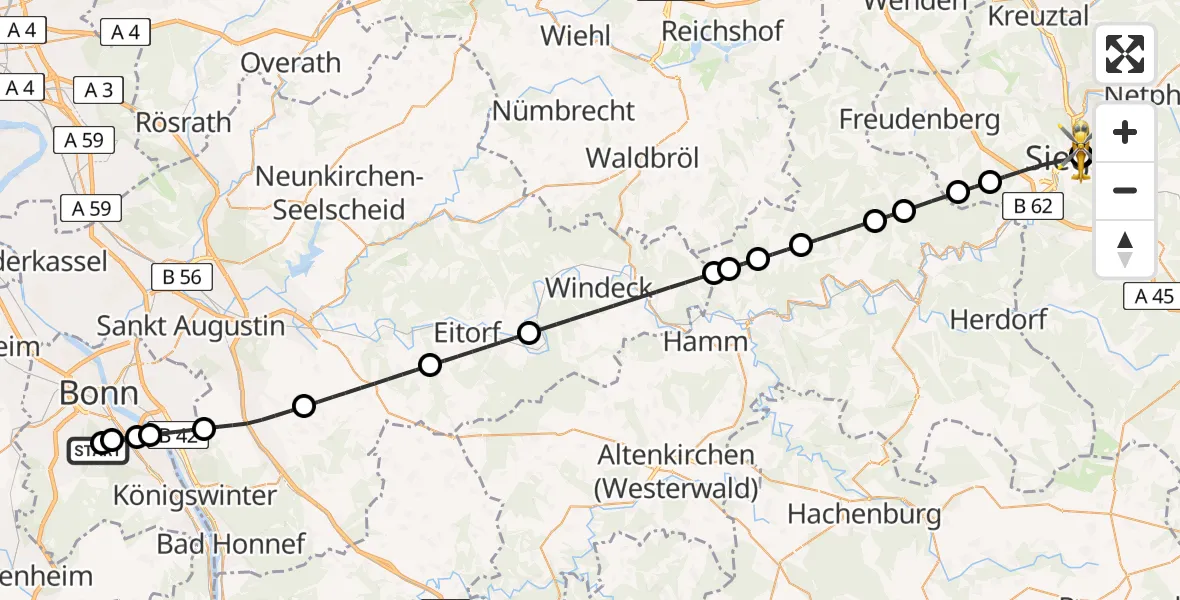 Flugroute Rettungshubschrauber Bonn University Hospital - Marien Hospital Siegen, 10 Juni 2026, 06:28