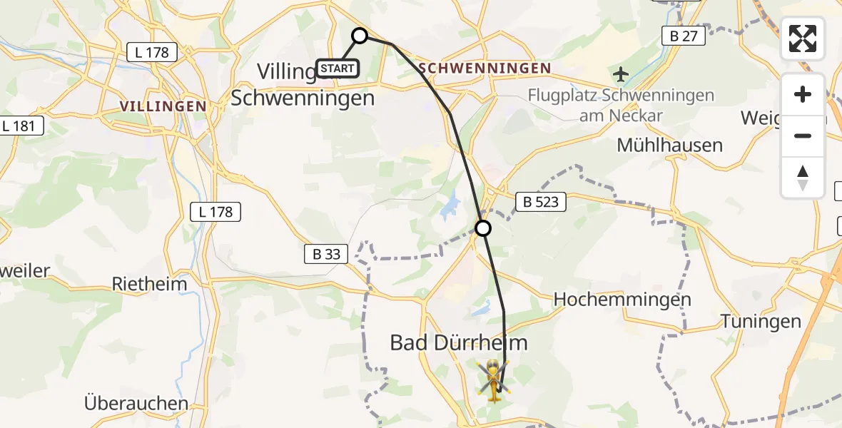 Flugroute Ambulanzhubschrauber DRF Air Rescue Station Villingen-Schwenningen Hubschrauberlandeplatz (Christoph 11) - Bad Dürrheim, 10 Juni 2026, 06:36