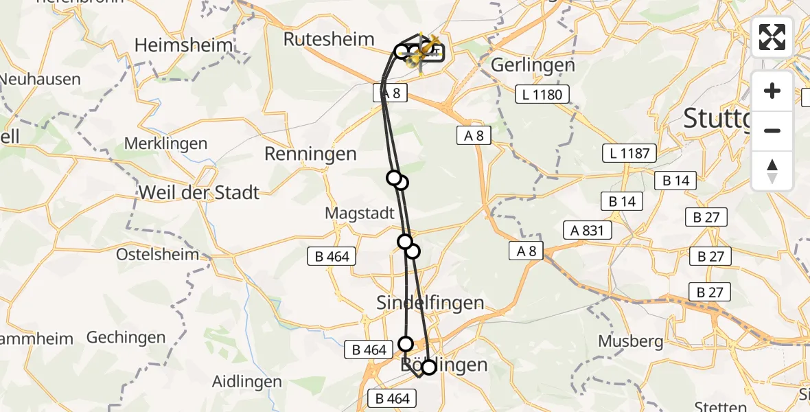 Flugroute Rettungshubschrauber Leonberg Hospital - Leonberg Hospital, 10 Juni 2026, 06:42