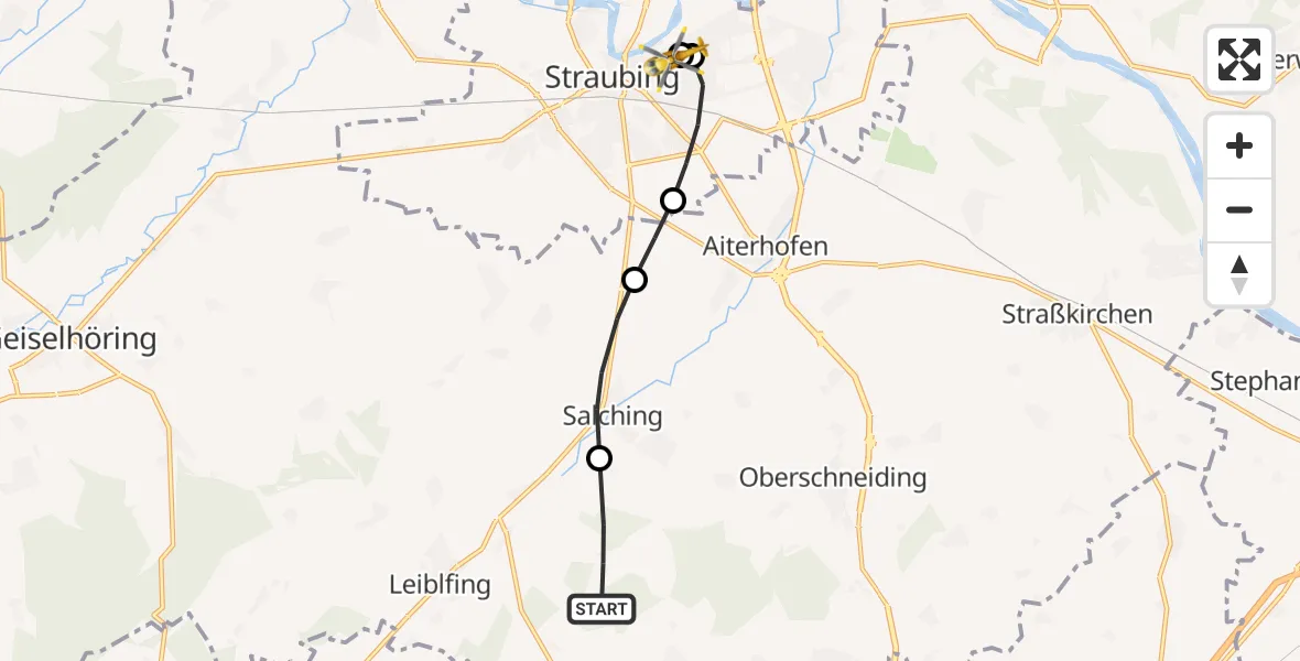 Flugroute Rettungshubschrauber Leiblfing - Sankt Elisabeth Hospital Straubing, 10 Juni 2026, 06:45