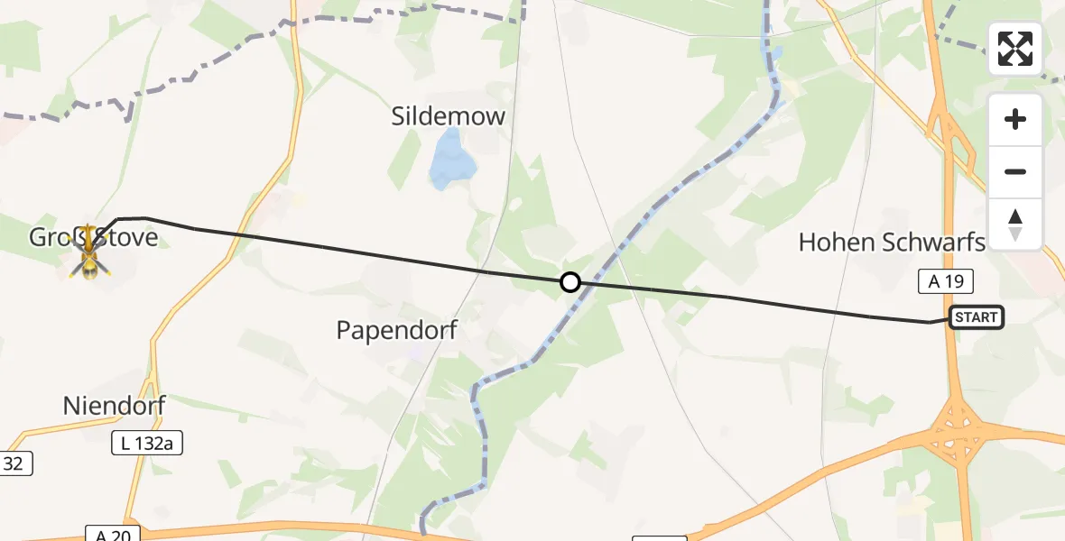 Flugroute Ambulanzhubschrauber Dummerstorf - Papendorf, 10 Juni 2026, 06:45