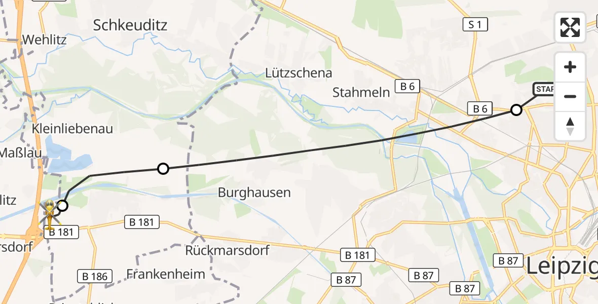 Flugroute Rettungshubschrauber Sankt Georg Hospital Leipzig Reserve - ADAC Air Rescue Station Leipzig/Schkeuditz-Dölzig Hubschrauberlandeplatz (Christoph 61), 10 Juni 2026, 06:52