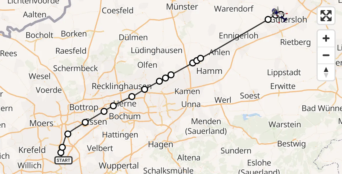 Flugroute Polizeihubschrauber Düsseldorf Flughafen - Gütersloh, 10 Juni 2026, 06:59