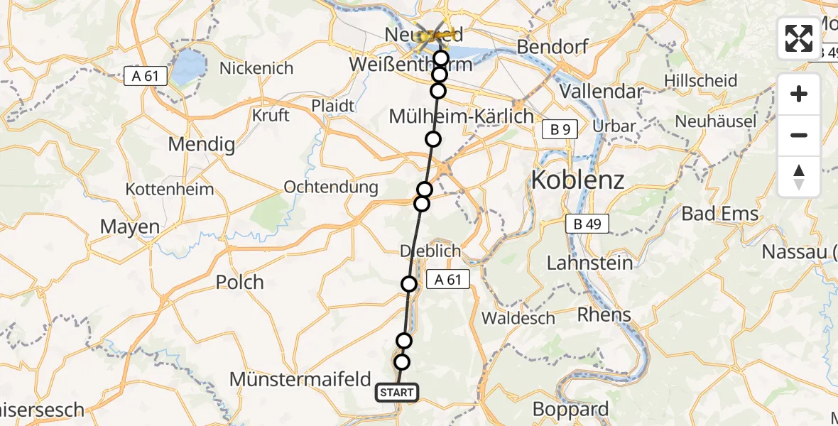 Flugroute Rettungshubschrauber Alken - Neuwied, 10 Juni 2026, 06:59
