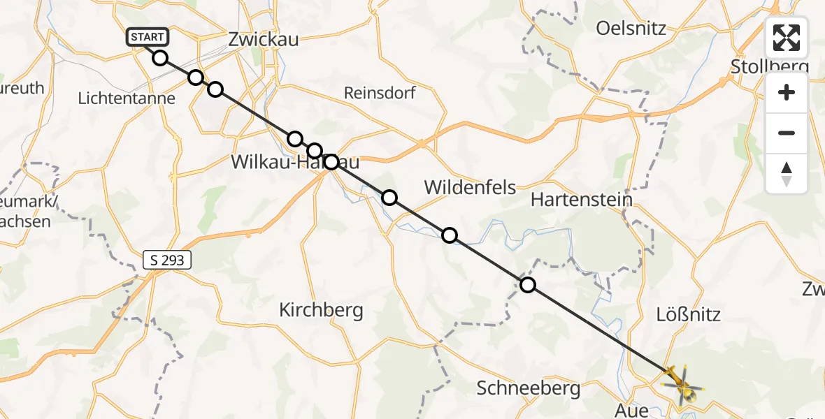 Flugroute Rettungshubschrauber ADAC Air Rescue Station Zwickau Hubschrauberlandeplatz - Aue-Bad Schlema, 10 Juni 2026, 06:59