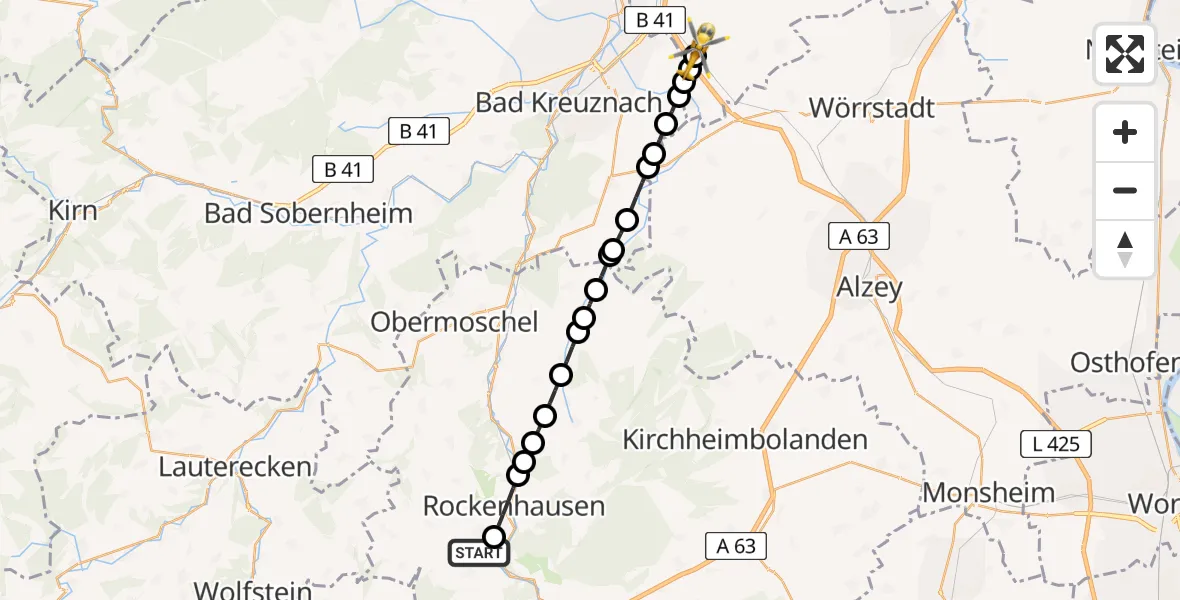 Flugroute Rettungshubschrauber Imsweiler UL - Zotzenheim, 10 Juni 2026, 07:02