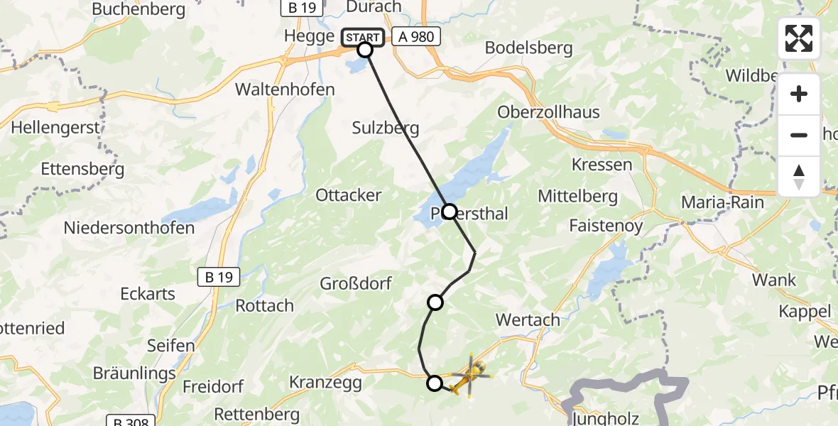 Flugroute Rettungshubschrauber Kempten-Durach Flugplatz - Wertach, 10 Juni 2026, 07:03