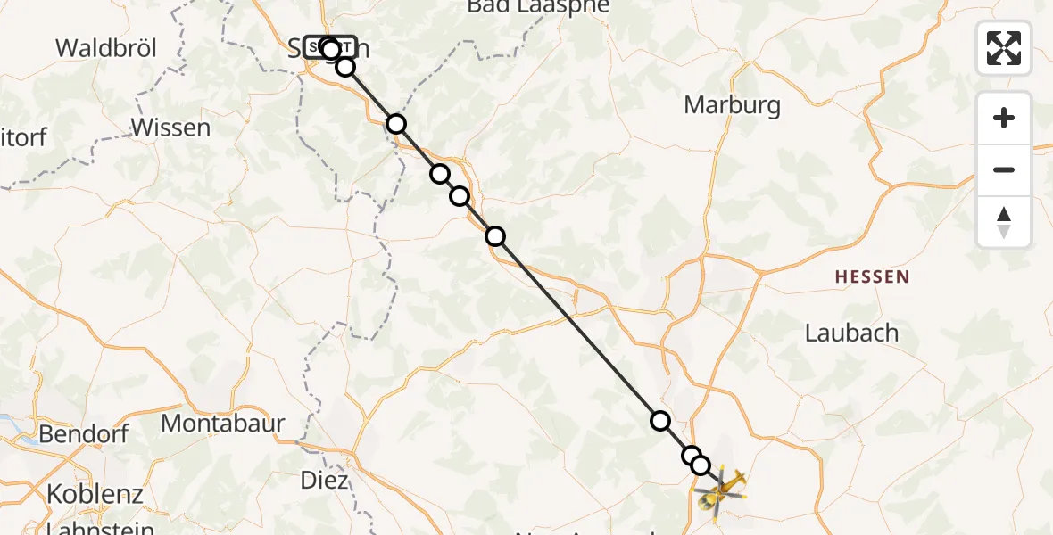 Flugroute Rettungshubschrauber Marien Hospital Siegen - Bad Nauheim, 10 Juni 2026, 07:10