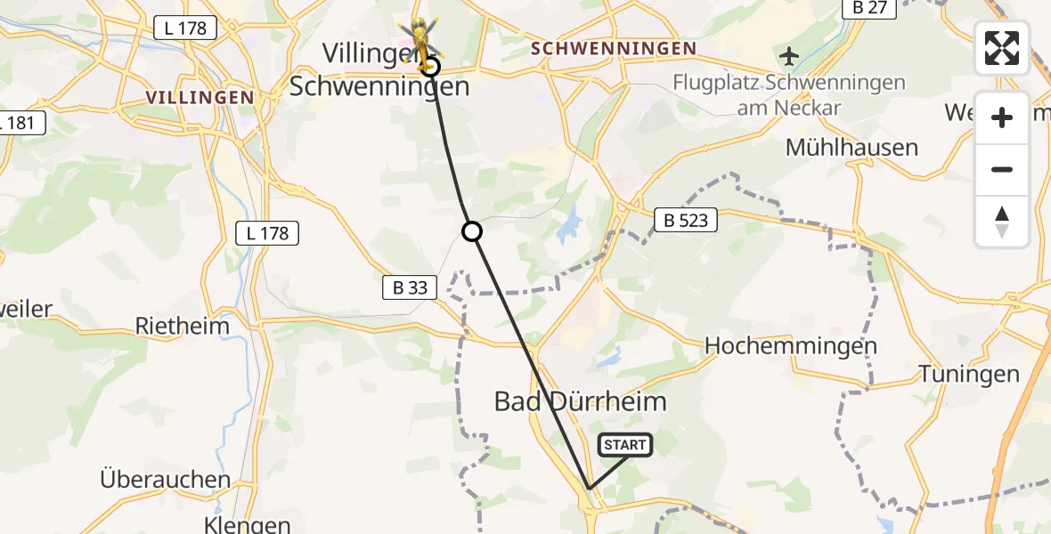 Flugroute Ambulanzhubschrauber Bad Dürrheim - DRF Air Rescue Station Villingen-Schwenningen Hubschrauberlandeplatz (Christoph 11), 10 Juni 2026, 07:13