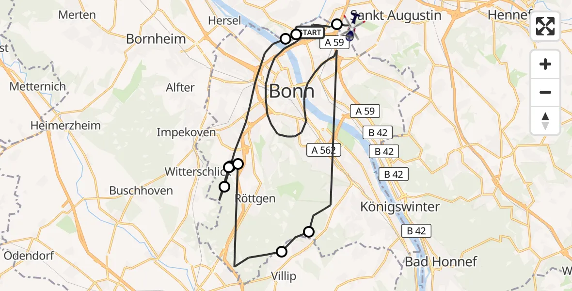Flugroute Polizeihubschrauber Bonn - Sankt Augustin, 10 Juni 2026, 07:15