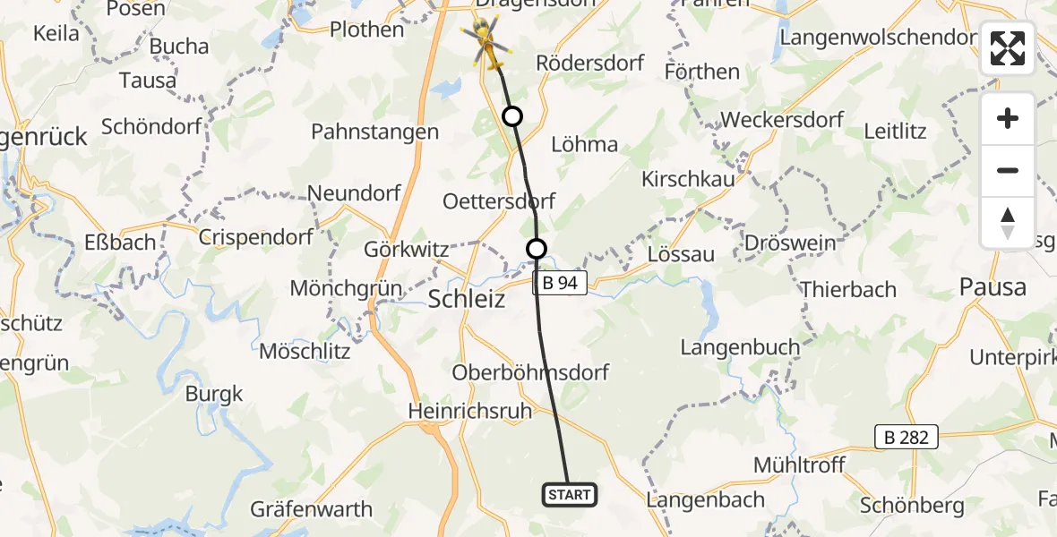 Flugroute Rettungshubschrauber Schleiz - Dittersdorf, 10 Juni 2026, 07:16