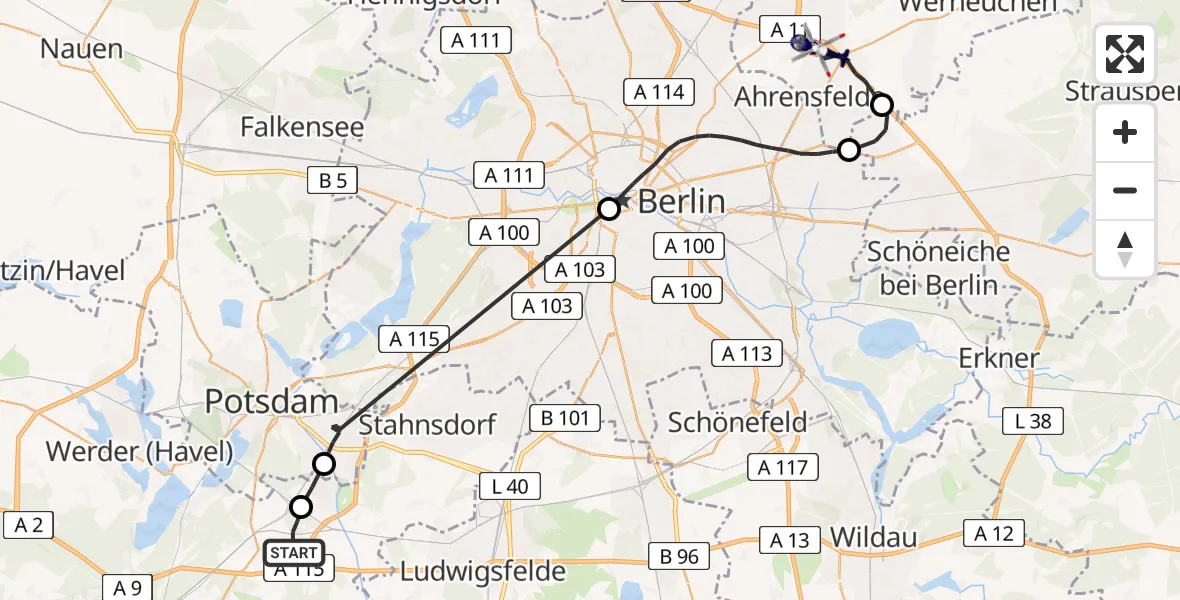 Flugroute Polizeihubschrauber Michendorf - Ahrensfelde, 10 Juni 2026, 07:19