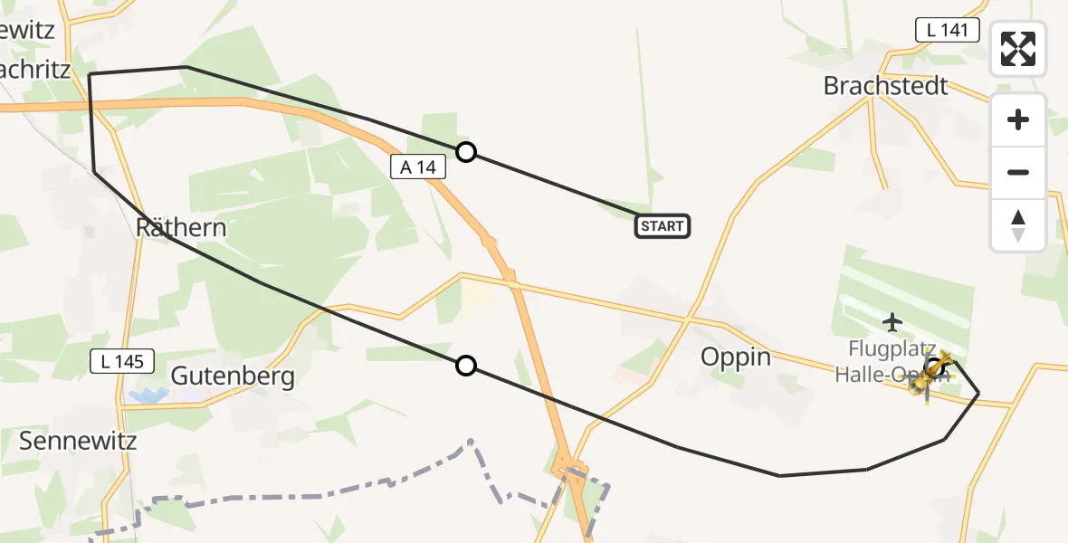 Flugroute Rettungshubschrauber Landsberg - Halle-Oppin Flugplatz, 10 Juni 2026, 07:30